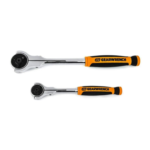 Two Piece 1/4 And 3/8 Inch Drive 72 Tooth Dual Material Roto Ratchet Set With 360 Rotating Head, black round heads, orange grips