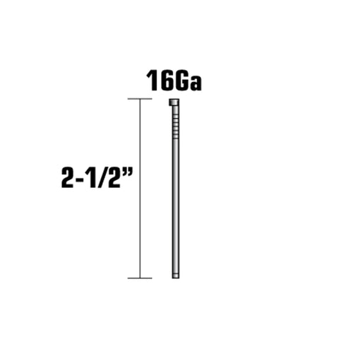 Galvanized Angled Finish Nails, 16 Gauge, 2.5 Inch, EG, shown with measurements, Pro Grade for Professionals and DIYers