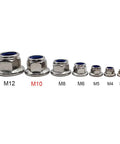 Top Shelf M10 X 1.5 DIN6926 Flange Nylon Lock Nuts Forged From Premium 304 Stainless Steel displayed next to various sizes.