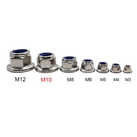 Top Shelf M10 X 1.5 DIN6926 Flange Nylon Lock Nuts Forged From Premium 304 Stainless Steel displayed next to various sizes.