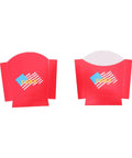 Red 100 Pack Disposable Paper Snack Boxes For Chips Fries Popcorn And Candies with American flag design on front view.