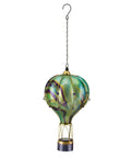 Hot Air Balloon Solar Lantern With LED Lights Hanging Outdoor Lamp Waterproof And Portable For Garden Patio And Pathway Made Of Metal And Glass In Green Large For Yard Vibes, shown hanging with a hook