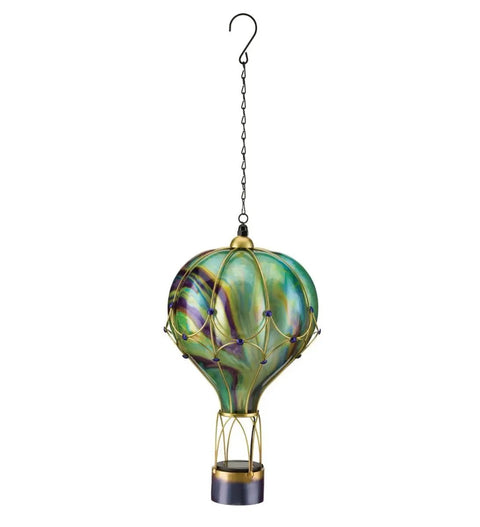 Hot Air Balloon Solar Lantern With LED Lights Hanging Outdoor Lamp Waterproof And Portable For Garden Patio And Pathway Made Of Metal And Glass In Green Large For Yard Vibes, shown hanging with a hook
