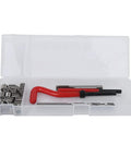 Premium M8 Thread Repair Kit With 25 Essential Pieces Including Tap And Drill Bit Perfect For Fixing Stripped Bolts In Your Garage Or Workshop Without Any Hassle. open case with M8 thread inserts, tap, drill bit, and red tool handle