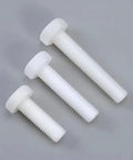 Badass PTFE Plastic Hex Cap Screws Five Pack Featuring M8 Precision Cut Bolts, three white bolts displaying size variations.