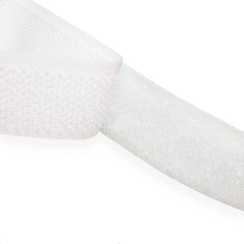 Close-up of Heavy Duty White Sew On Hook And Loop Tape Nylon Fastener Strips 1 Inch By 33 Feet Non Adhesive Craft Rolls.