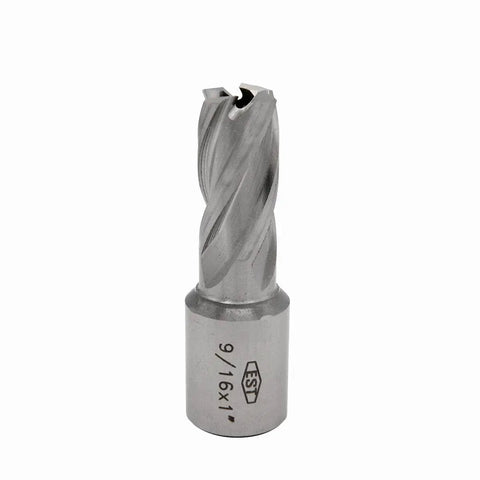 Top Shelf M2AL High Speed Steel Annular Cutter 9/16 Inch By 1 Inch Depth Of Cut With 3/4 Weldon Shank And Free Pilot Pin, close-up view.