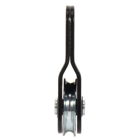 8000 Lbs Heavy Duty Snatch Block Pulley For Winch Recovery Vehicle Towing shows side view of durable black steel pulley system.