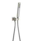Top Shelf Led Thermostatic Shower System With 16 Inch Ceiling Rainfall And Handheld Sprayer Featuring Six Massage Body Jets In Slick Brushed Nickel Finish For Your Modern Bathroom, handheld sprayer detail.