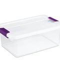Heavy Duty Clear Plastic Storage Totes With Secure Latching Lids Hella Sturdy Bulk Bin Bundle For Home And Office Clutter Busting Clear plastic storage tote with purple latches.