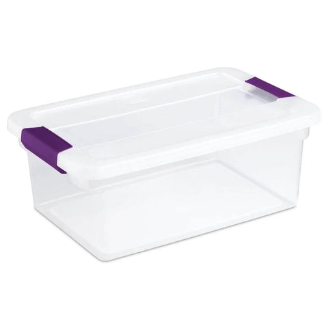 Heavy Duty Clear Plastic Storage Totes With Secure Latching Lids Hella Sturdy Bulk Bin Bundle For Home And Office Clutter Busting Clear plastic storage tote with purple latches.