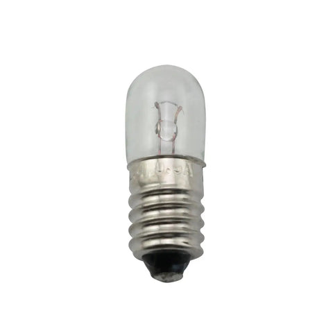 20 Pack E10 Mini Screw Base Light Bulbs 2.4V 0.5A Incandescent Warm White bulb with metal base and glass cover.
