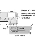 Side view diagram of a 2-inch ball hydraulic trailer surge coupler with mounting plate and trailer tongue.