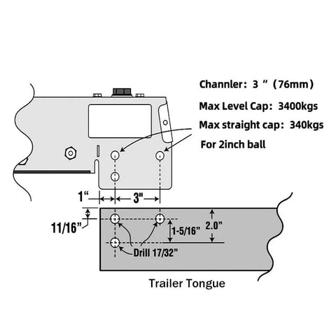 Side view diagram of a 2-inch ball hydraulic trailer surge coupler with mounting plate and trailer tongue.