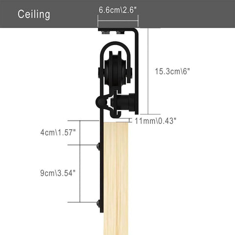 Ceiling Mount Sliding Barn Door Hardware Kit for Closet, 12 Foot Track System Fits 72 Inch Wide Single Wood Door Panel, Basic Style, Beefy Steel Rail With Nylon Wheel Rollers for Smooth Quiet Operation in diagram view.