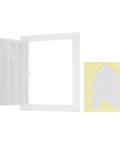 Dead Simple 12 By 10 Inch Drywall Access Panel With Rock Solid Adhesive Tape White ABS plastic hatch open with adhesive strip.