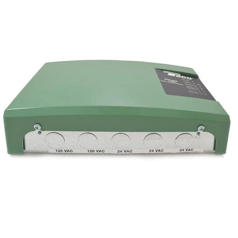 Three Zone Hydronic Valve Controller for Heating Systems, Universal 3 Zone Design, green enclosure with labeled outputs