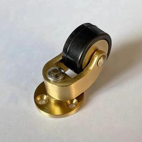 Solid brass caster with 1 inch rubber wheel, part of set of four 25 mm solid brass casters with 360 degree swivel, round cup style.
