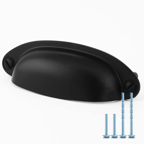 Ten Pack Vintage Farmhouse Style Matte Black Cup Pull Handles With Shell Ear Like Knobs for cabinets with included screws