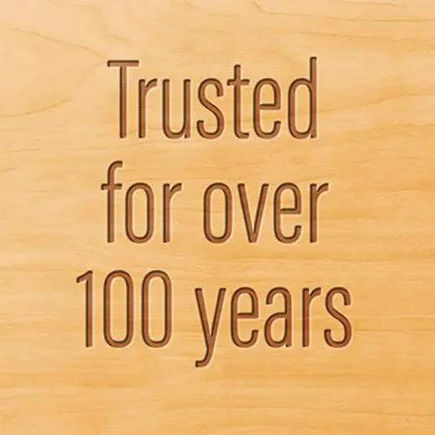 Trusted for over 100 years text on wood background emphasizing reliability and quality in wood care products.
