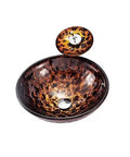 USZWBY Artistic Vessel Sink Bathroom Tempered Glass Vanity Sink, round bowl with pop up drain in animal print design.