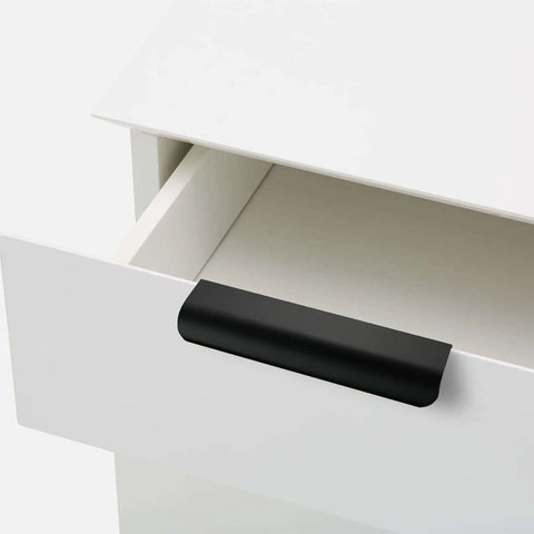 Premium Matte Black Cabinet Handles And Finger Pulls For Kitchen Cupboards 5 Inch Aluminum Alloy Drawer Grips on white drawer.