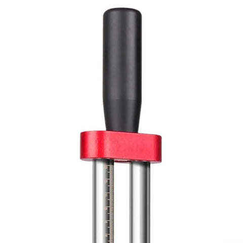 Pro Grade Manual Metal Cutter For Sheet Metal And HVAC Ducts, High Carbon Steel Hand Tool For Precise Bending, Flattening, And Cutting, Heavy Duty Handheld Metal Former With 32cm Reach For Pros. Close-up red and black metal cutter handle.