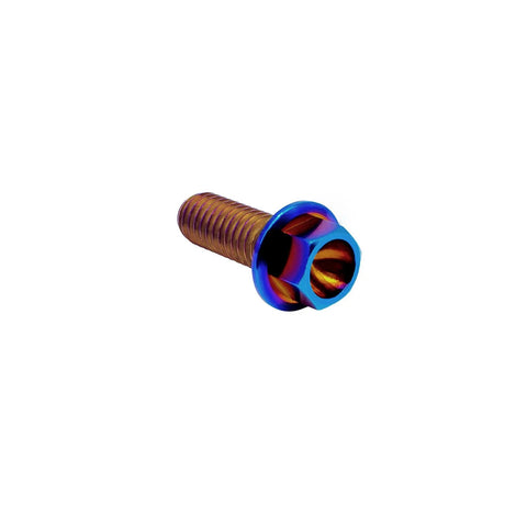 Titanium flanged hex head bolt, M6x1.0x13mm, burnt blue finish, 6AL4V aerospace grade.