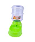 Heavy Duty No Fuss Pet Water Dispenser And Automatic Gravity Feeder With Large Capacity And Tight Locking Seal For Dogs And Cats, 3.5L reservoir, green design.
