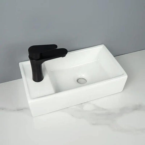 USZWBY Vessel Sinks Ceramic Vessel Sink Modern Minimalist Wall-Mounted Washbasin Square Washing Bowl Bathroom Bowl Sink top view with black faucet