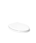 White elongated toilet seat with closed lid and soft-close feature.