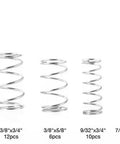 Heavy Duty Assortment Kit With 200 Stainless Steel Compression Springs For Home DIY Projects Plus Automotive Repairs And Mechanical Fixes Including Rust Proof And Durable Metal Coils In Various Sizes That Are Super Cool For Serious Tinkering And Building. Stainless steel compression springs set, 8 sizes, labeled with measurements.