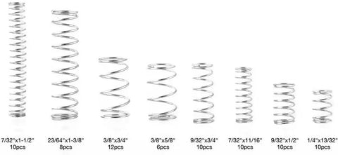 Heavy Duty Assortment Kit With 200 Stainless Steel Compression Springs For Home DIY Projects Plus Automotive Repairs And Mechanical Fixes Including Rust Proof And Durable Metal Coils In Various Sizes That Are Super Cool For Serious Tinkering And Building. Stainless steel compression springs set, 8 sizes, labeled with measurements.