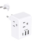 6 In 1 EU Travel Power Plug Adapter With Three Outlets Two USB A Ports And One USB C Port Converts A European Type C Outlet Into A Handy USA Style Charging Hub For Europe Spain Italy France Germany Travel Must Have, white adapter with plug and outlets