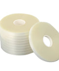 Premium OPP Strapping Tape 100 Roll Pack stacked with one roll tilted, showcasing heavy duty grip and smooth feeding.