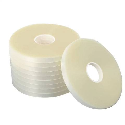 Premium OPP Strapping Tape 100 Roll Pack stacked with one roll tilted, showcasing heavy duty grip and smooth feeding.