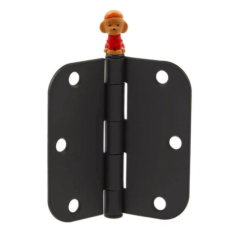 Whimsical Dog Themed Door Hinge Heads Set Of 6 Magnetic Toppers on black metal hinge with dog figure, cottage style decor