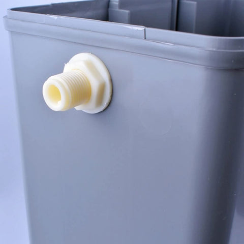 Adjustable Aquarium Float Valve Built Badass Tough For Low Pressure Water Control Featuring Massive Flow Capacity Durable Pom Construction Anti Backflow Protection No Fuss Setup For Chemical Tanks Three To Four Inches close-up of threaded connection on gray tank.