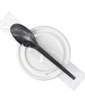 Six Point Five Inch Wrapped Compostable Spoons For Hot And Cold Food 250 Individually Wrapped Plant Based Black CPLA Disposable Utensils BPI Certified Eco Friendly Cutlery For Restaurants And Events, wrapped black spoon