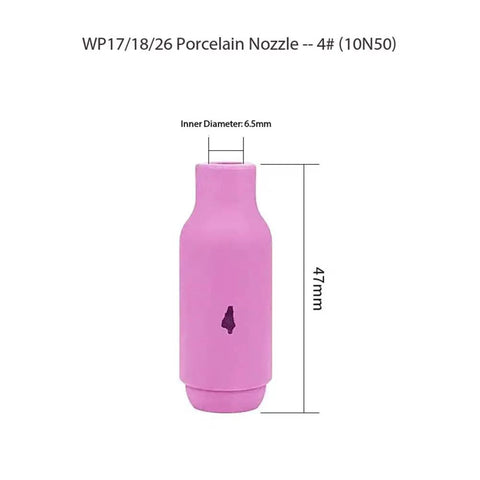 Heavy Duty 10 Pack TIG Torch Kit Nozzles Including Ceramic Cups For Aluminum Jobs High Heat Resistance Up To 3k Degrees F Welding Gear, pink porcelain nozzle, 47mm tall, 6.5mm inner diameter.