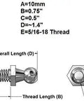 Technical diagram of Four Pack 10mm Ball Studs with Hardware, 5/16-18 Thread, 3/4 Inch Long Shank, Zinc Plated, USA Made Assembly.