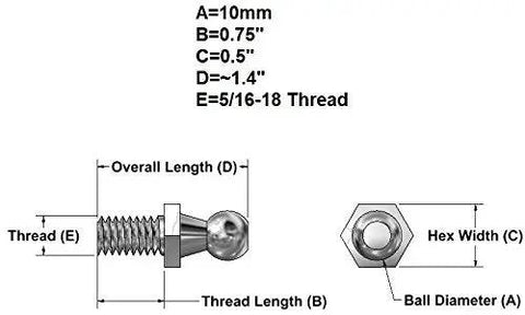 Technical diagram of Four Pack 10mm Ball Studs with Hardware, 5/16-18 Thread, 3/4 Inch Long Shank, Zinc Plated, USA Made Assembly.