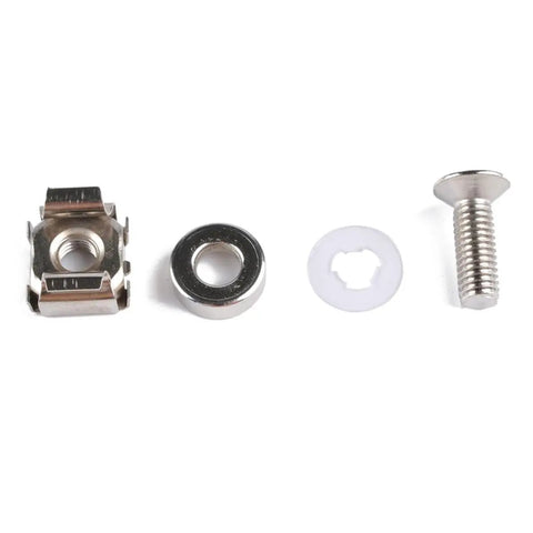 Two Sets Square Hole Cage Nuts With Mounting Screws And Washers, Nickel Plated Iron, displayed components on white background