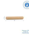 Fluted Wooden Dowel Pins 3 X 1/2 Inch Pack Of 50 for woodworking, furniture and craft projects, single pin front view