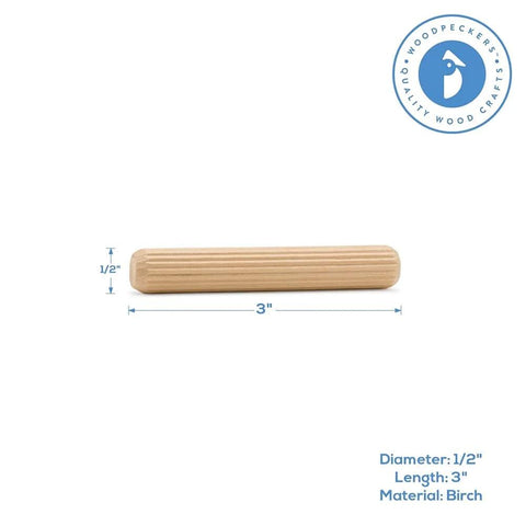 Fluted Wooden Dowel Pins 3 X 1/2 Inch Pack Of 50 for woodworking, furniture and craft projects, single pin front view