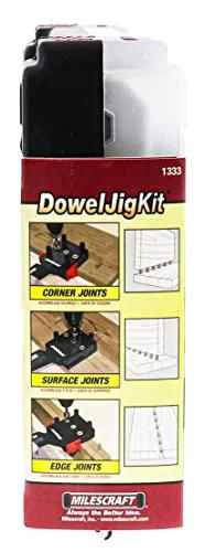 Packaging for Self Centering Dowel Jig Kit For Woodworking, Handy Handheld Dowel Jig With 3 Metal Bushings, shows corner, surface, edge joints.