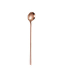 Copper long-handled spoon on a white background, with a sleek and polished finish, suitable for stirring and serving.