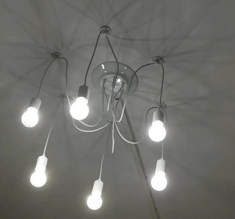 Six Head Spider Pendant Light Fixture With Adjustable Hanging Length, showcasing industrial white E27 bulbs in ceiling setup.