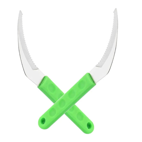 Durable 2 Pack Gardening Scythe Tool For Grass Cutting And Weeding, steel weeder with green easy grip handles, crossed position.