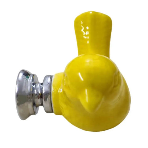 Fresh Vintage Style Yellow Ceramic Bird Cabinet Knob Set With Four Pack Drawer Pulls For Cupboards And Kitchen Cabinets Featuring High Gloss Finish And Dead Simple Install Bold Home Refresh close-up of a yellow bird knob with chrome base.